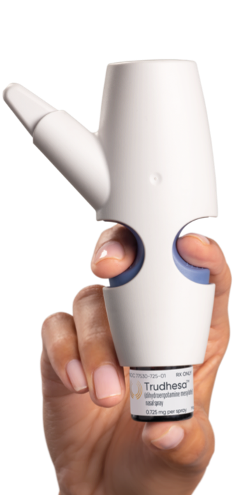 A product image of Trudhesa® Precision Olfactory Delivery (POD®) vertical facing left held by a person's hand tilted left