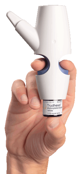 Product image of Trudhesa™ Precision Olfactory Delivery (POD®) vertical facing left held by a person's hand