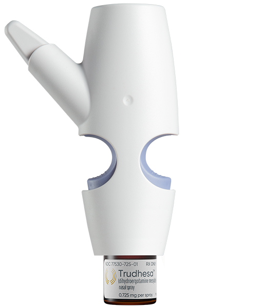 A product image of Trudhesa® Precision Olfactory Delivery (POD®) vertical upright facing left on blue background