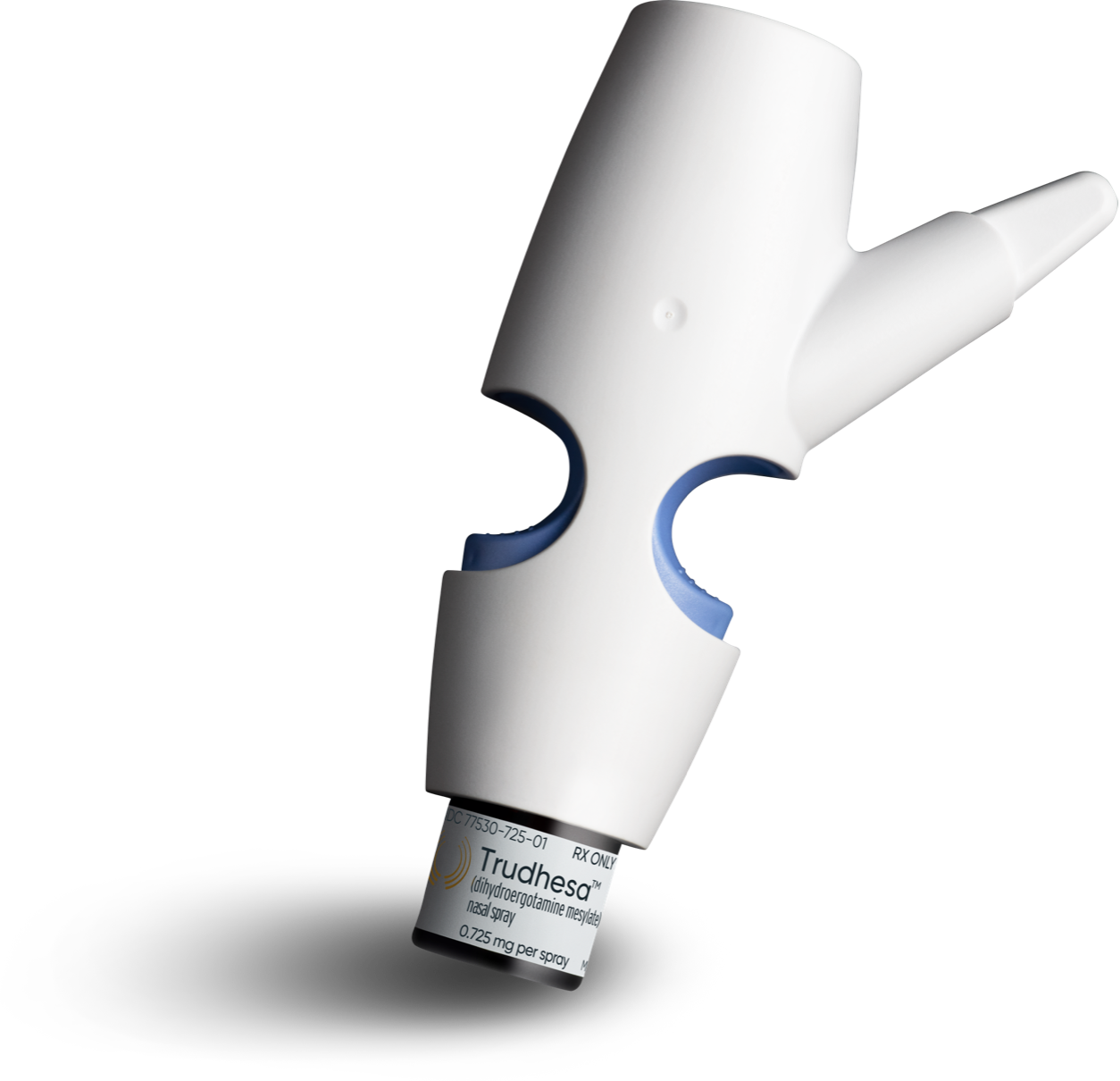 Product image of Trudhesa™ Precision Olfactory Delivery (POD®) vertical upright facing right and tilted down on blue background