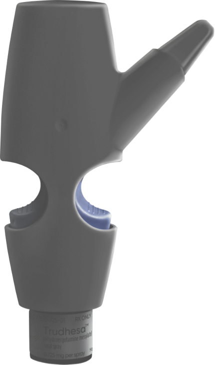 Silhouette product image of Trudhesa™ Precision Olfactory Delivery (POD®) vertical upright facing right on dark blue background